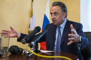 Russia's Sports Minister Vilaty Mutko gestures as he answers a journalist's questions, after their press tour of its anti doping laboratory in Moscow, Russia, Tuesday, May 24, 2016. The Russians have been accused of state-sponsored doping at the 2014 Sochi Olympics, and the IOC has asked WADA to carry out a full-fledged investigation and plans to retest Sochi samples. (AP Photo/Alexander Zemlianichenko)