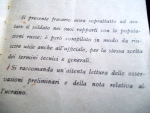Istruzioni del frasario italo russo distribuito durante la guerra ai soldati italiani