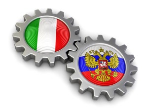 Russian and Italian flags on a gears (clipping path included)