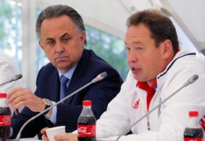 Russian national soccer team head coach Leonid Slutski (R) speaks next to Russian Sports Minister Vitaly Mutko (L) during a press conference in Moscow, Russia, 24 May 2016.  ANSA/YURI KOCHETKOV