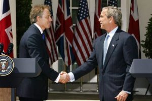 epa05410201 (FILE) A file photo dated 16 April 2004 showing then US President George W. Bush (R) shaking hands with then British Prime Minister Tony Blair after the two leaders answered questions from the news media during a joint press conference in the Rose Garden of the White House, Washington, USA. The report on whether it was right and neccessary to invade Iraq by Sir John Chilcot concluded 06 July 2016 the invasion and subsequent war against Iraq was 'not the last resort'. Chilcot also said US and British policy on Iraq based on 'flawed intelligence and assessments'.  EPA/SHAWN THEW