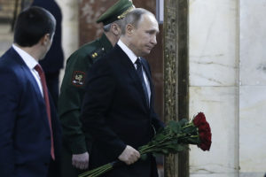 MOSCOW, RUSSIA - DECEMBER 22, 2016: Russia's President Vladimir Putin (R) attends a farewell ceremony for Russian Ambassador to Turkey Andrei Karlov at the offices of the Russian Foreign Ministry. Karlov was shot dead in the Turkish capital, Ankara, on December 19, 2016. Alexander Shcherbak/TASS Ðîññèÿ. Ìîñêâà. 22 äåêàáðÿ 2016. Ïðåçèäåíò ÐÔ Âëàäèìèð Ïóòèí (ñïðàâà) íà öåðåìîíèè ïðîùàíèÿ ñ ïîñëîì ÐÔ â Òóðöèè Àíäðååì Êàðëîâûì â çäàíèè ÌÈÄ ÐÔ. Àëåêñàíäð Ùåðáàê/ÒÀÑÑ
